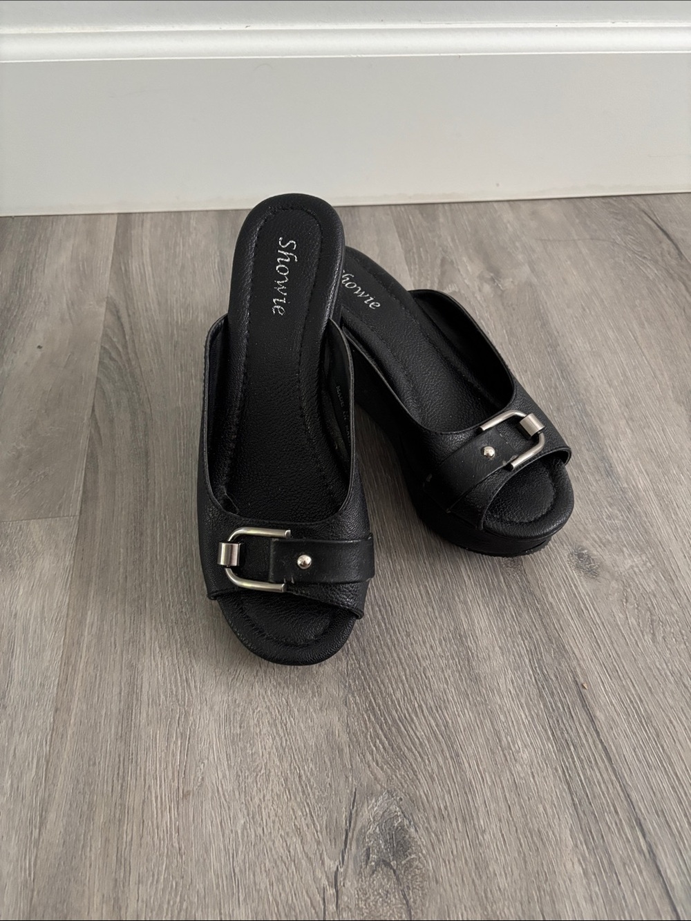 Black Platform Slide Sandals with Buckle Accent --